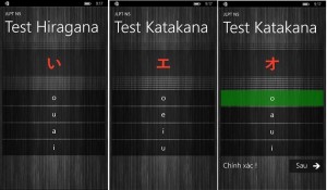 Phần kiểm tra lại kiến thức đã học qua 2 bộ bảng chữ HIRAGANA và KATAKANA trên ứng dụng JLPT N5.