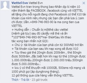 Lấy tên Facebook là Viettel Evn đưa ra thông báo để dụ dỗ người dùng