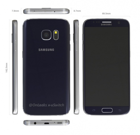 Toàn cảnh Galaxy S7 với các thông số về kích thước và độ dày của máy.