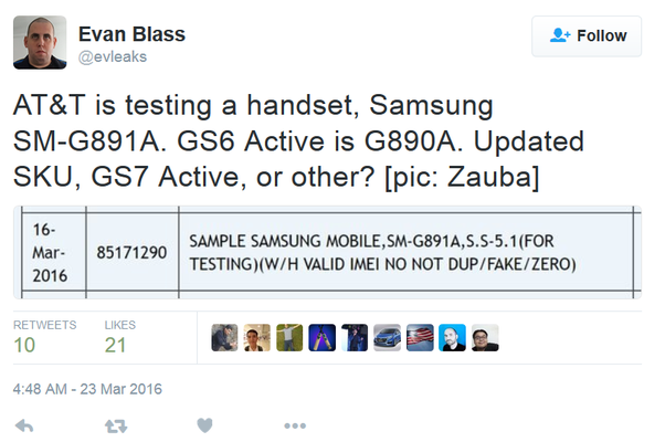 Galaxy S7 Active đang được thử nghiệm? Ảnh: Twitter