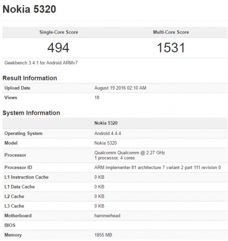 Thông tin rò rỏ về chiếc smartphone Nokia 5320 trên Geekbench