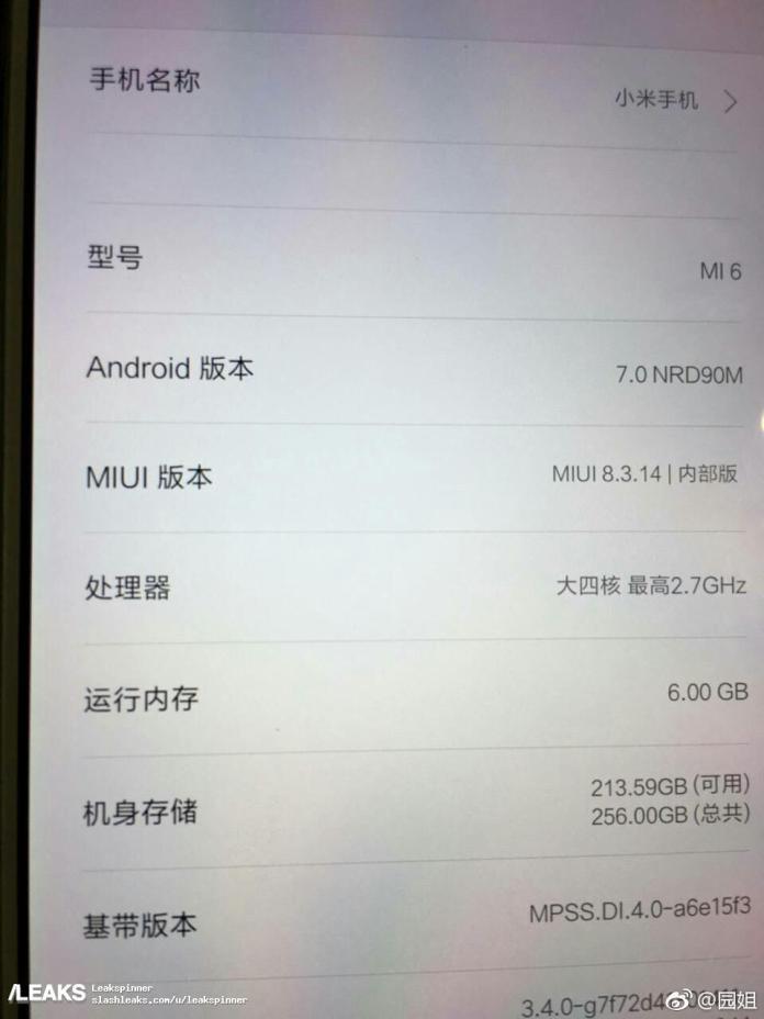 Đây là ảnh chụp phần “Giới thiệu về điện thoại Mi 6”, giao diện MIUI và một số chi tiết cấu hình của máy đã lộ diện. Ảnh: Internet