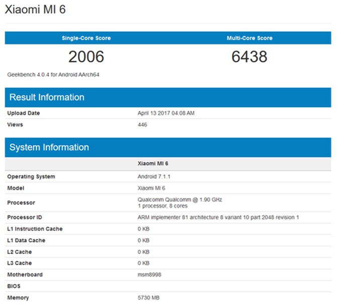 Geekbench tiết lộ cấu hình Mi 6 là Snapdragon 835, 6GB RAM
