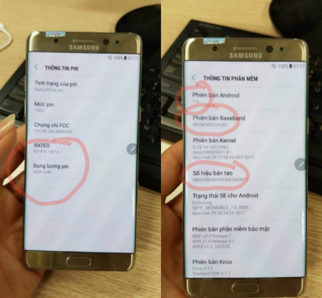 Thông tin về pin cũng như phiên bản Android của Samsung Galaxy Note 7R.