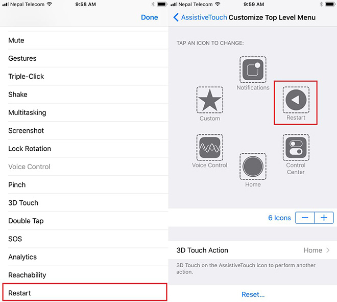 Với iOS 11, bạn được cung cấp thêm tùy chọn Restart vào Assistive Touch